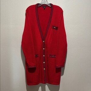 Talbots Red Button-Up Cardigan with Navy Trim